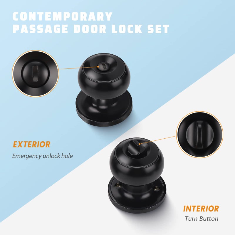 KNOBWELL 2 Pack Ball Privacy Door Knob, Black Interior Door Knob, Door Knob with Lock for Storeroom Bedroom Bathroom, Interior Door Use, Matte Black - Image 2